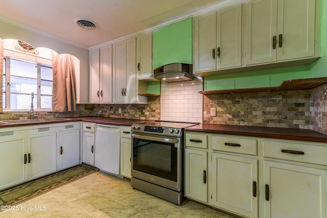 kitchen featuring decorative backsplash, dark countertops, white dishwasher, stainless steel electric range, and a sink