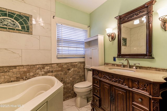 full bathroom with toilet, a garden tub, tile walls, and vanity