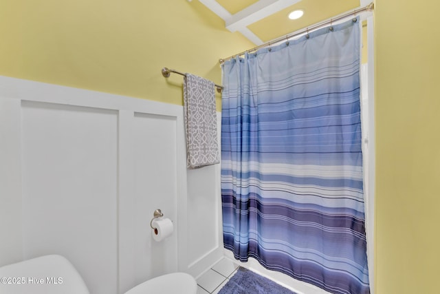 bathroom featuring a shower with shower curtain, tile patterned flooring, toilet, and recessed lighting