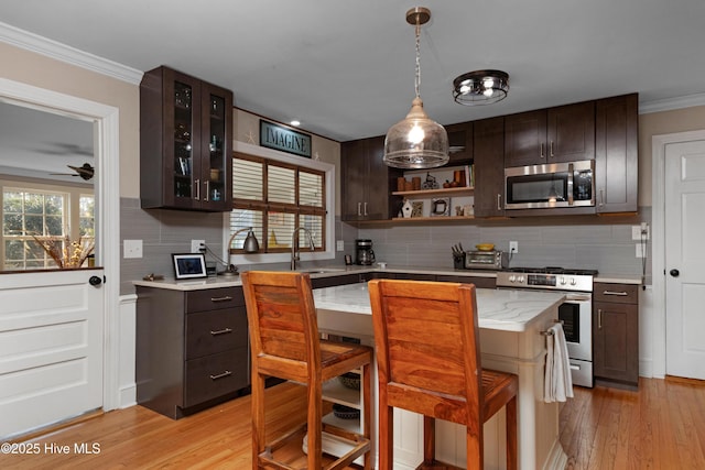 kitchen featuring appliances with stainless steel finishes, a sink, light wood finished floors, and dark brown cabinetry