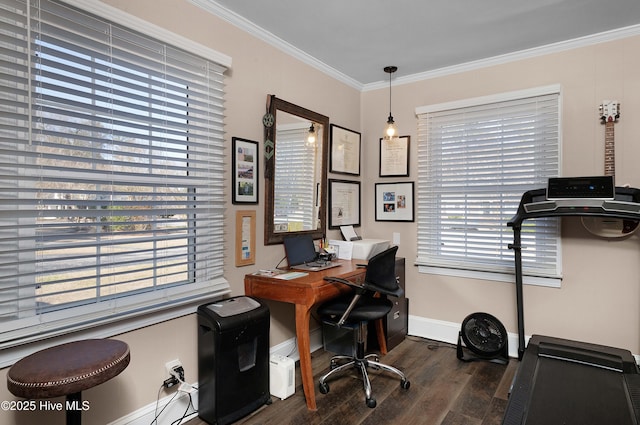 office area featuring baseboards, crown molding, and wood finished floors