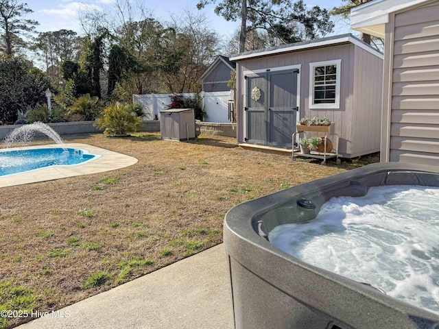 view of yard featuring a storage shed, a fenced backyard, a fenced in pool, and an outbuilding