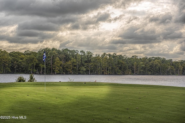 exterior space with a water view, a lawn, and a view of trees