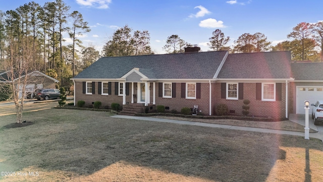 ranch-style house featuring crawl space, roof with shingles, a chimney, and brick siding