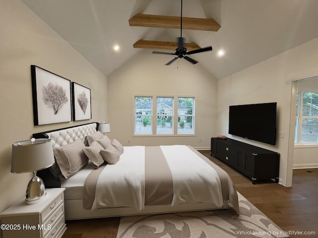 bedroom with baseboards, a ceiling fan, dark wood-type flooring, high vaulted ceiling, and beam ceiling