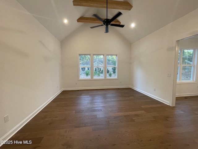 unfurnished room with beam ceiling, dark wood-type flooring, a ceiling fan, high vaulted ceiling, and baseboards