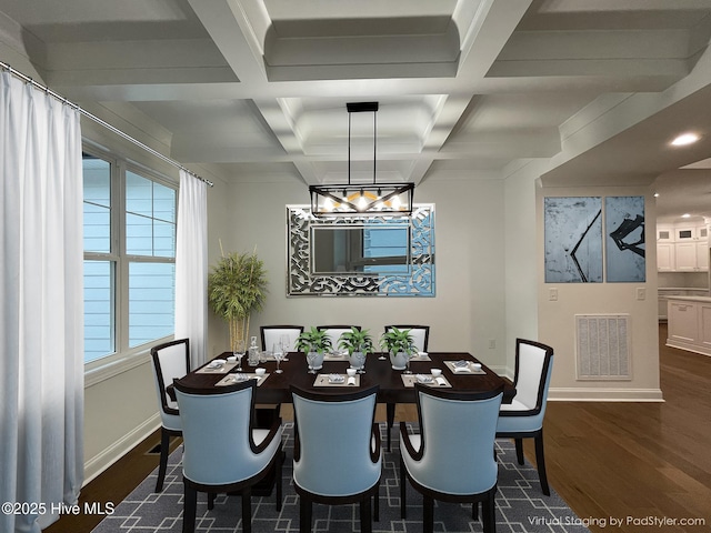 dining space featuring baseboards, coffered ceiling, visible vents, dark wood finished floors, and beam ceiling