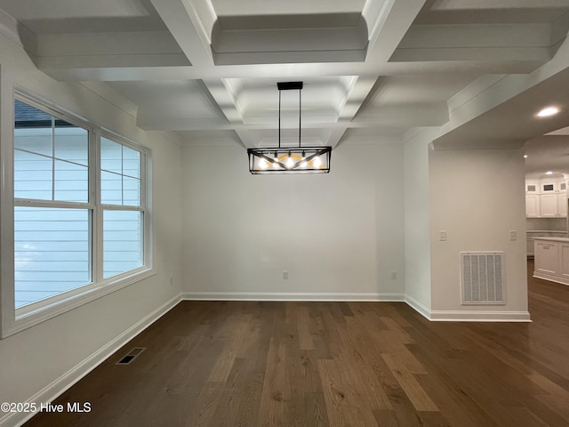 unfurnished dining area with baseboards, visible vents, and dark wood-type flooring