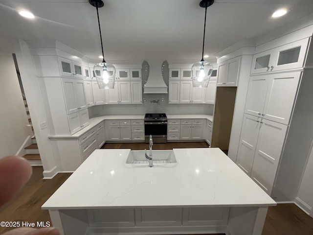 kitchen with glass insert cabinets, stainless steel electric stove, and an island with sink