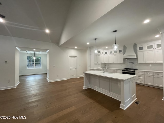 kitchen with an island with sink, premium range hood, glass insert cabinets, and light countertops