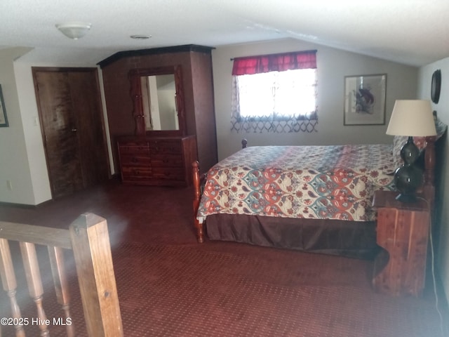 bedroom with lofted ceiling and carpet floors