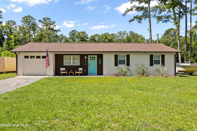 ranch-style house with concrete driveway, an attached garage, fence, a front lawn, and a porch