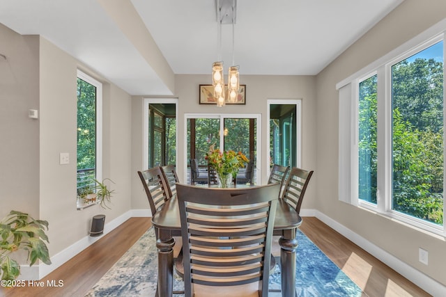 dining room featuring a chandelier, baseboards, and wood finished floors