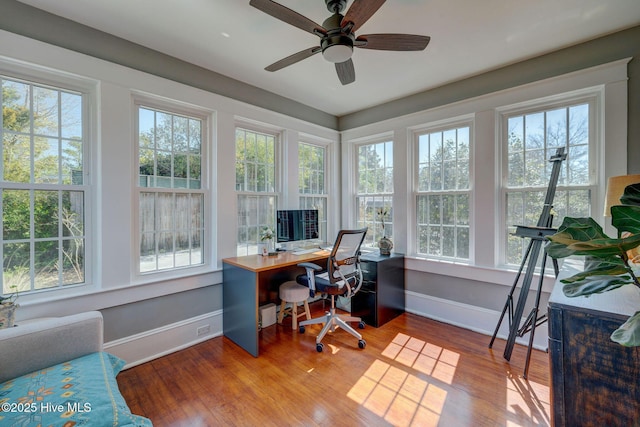 office space featuring ceiling fan, baseboards, and wood finished floors