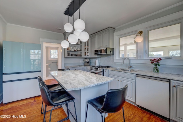 kitchen featuring light wood finished floors, a breakfast bar area, stainless steel appliances, and a sink