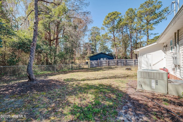 view of yard with central AC unit and a fenced backyard