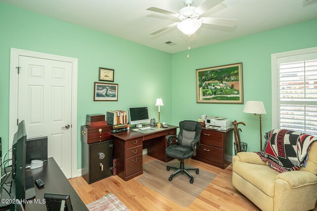 office space with light wood finished floors, ceiling fan, visible vents, and baseboards