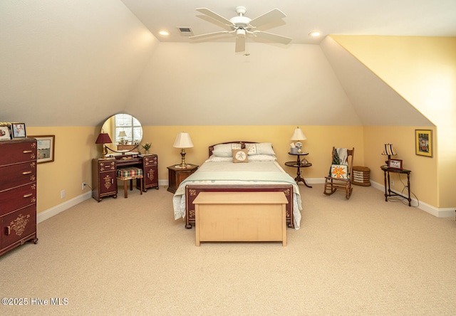 carpeted bedroom featuring recessed lighting, visible vents, vaulted ceiling, ceiling fan, and baseboards