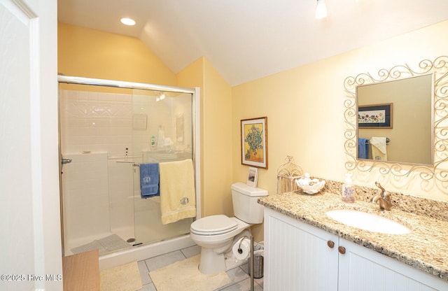 full bath with lofted ceiling, toilet, a stall shower, vanity, and tile patterned floors