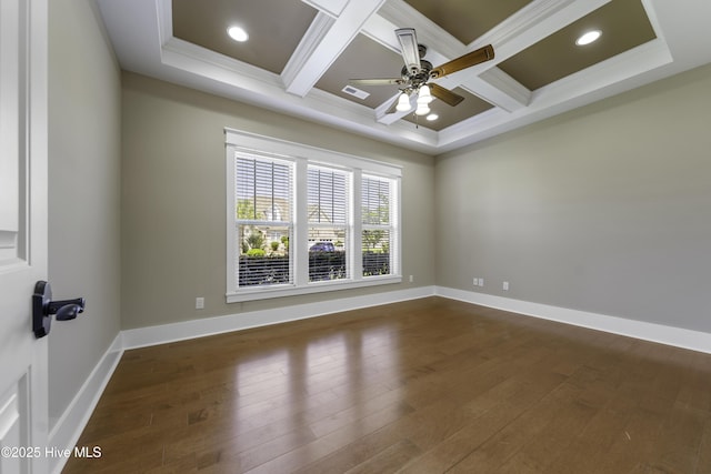 spare room featuring coffered ceiling, dark wood finished floors, a ceiling fan, and baseboards