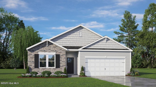 craftsman-style home with a garage, stone siding, concrete driveway, and a front yard