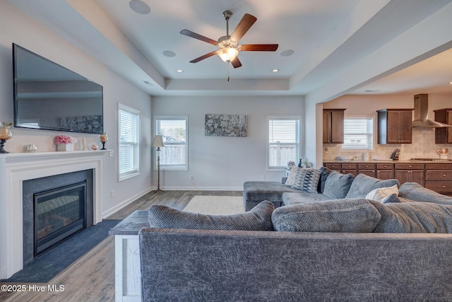 living area featuring a glass covered fireplace, a tray ceiling, plenty of natural light, and wood finished floors