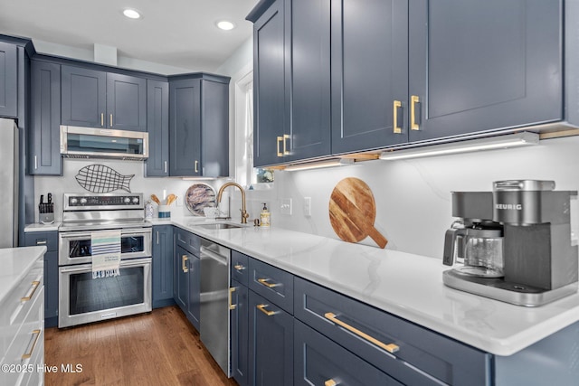 kitchen with a sink, stainless steel appliances, blue cabinetry, and dark wood finished floors