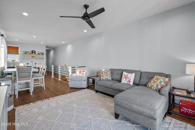 living room featuring recessed lighting, ceiling fan, and wood finished floors