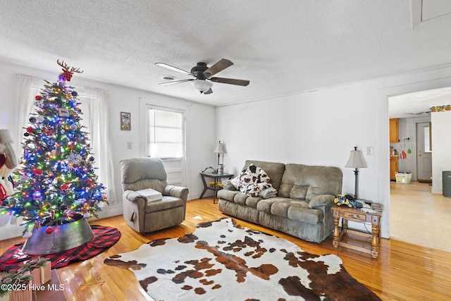 living area featuring ceiling fan, a textured ceiling, and wood finished floors