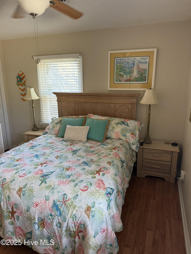 bedroom featuring ceiling fan and wood finished floors