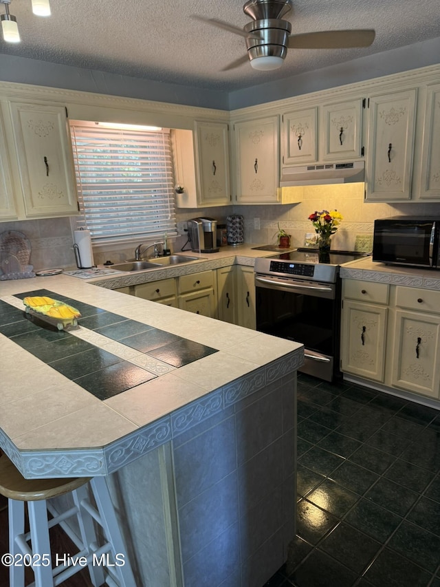 kitchen featuring under cabinet range hood, a peninsula, a sink, decorative backsplash, and black appliances