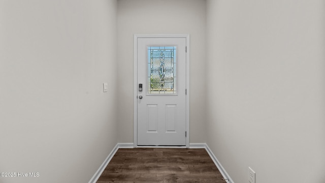 doorway to outside featuring dark wood-type flooring and baseboards