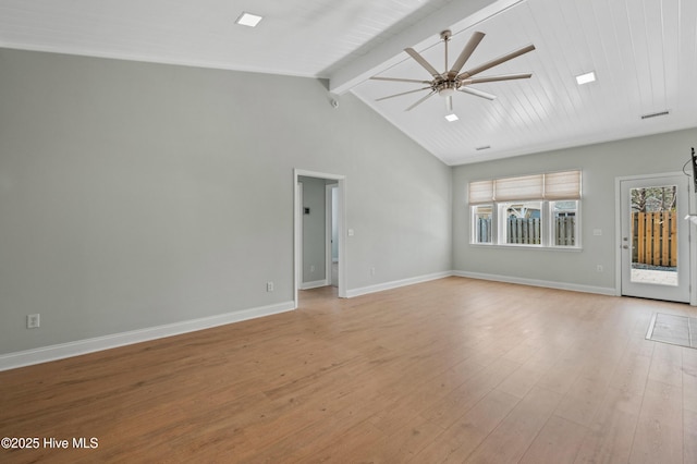 unfurnished living room with vaulted ceiling with beams, light wood finished floors, visible vents, a ceiling fan, and baseboards