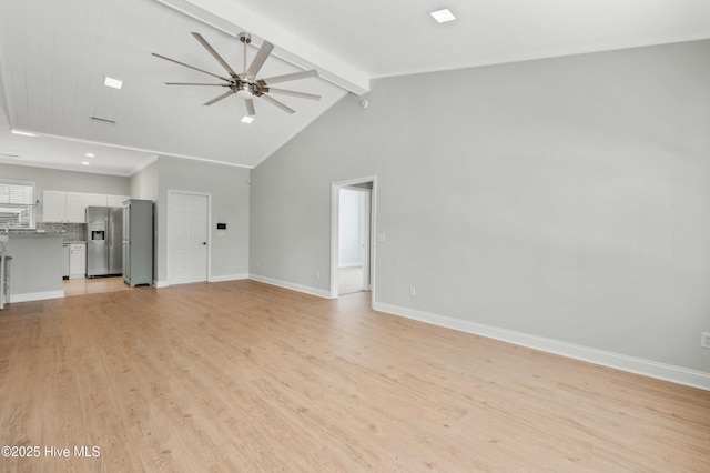 unfurnished living room with lofted ceiling with beams, light wood finished floors, a ceiling fan, and baseboards