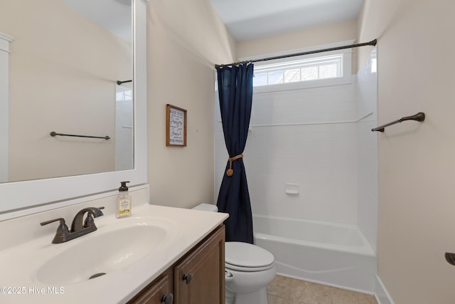 full bathroom featuring toilet, tile patterned floors, shower / bathtub combination with curtain, and vanity