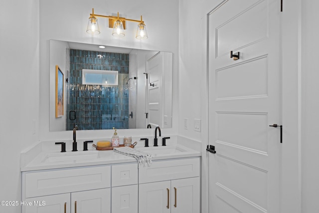 bathroom featuring double vanity, a stall shower, and a sink