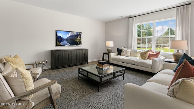 living area featuring radiator heating unit, baseboards, and wood finished floors