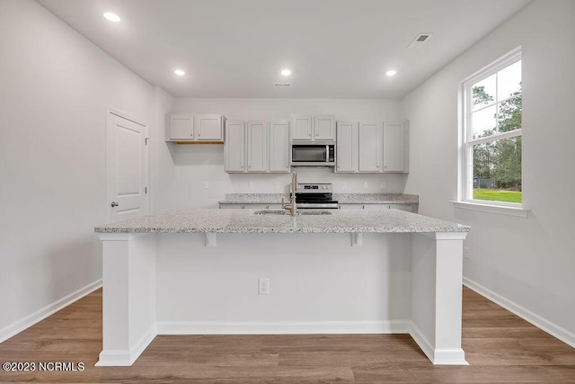 kitchen with a sink, appliances with stainless steel finishes, recessed lighting, and light wood finished floors