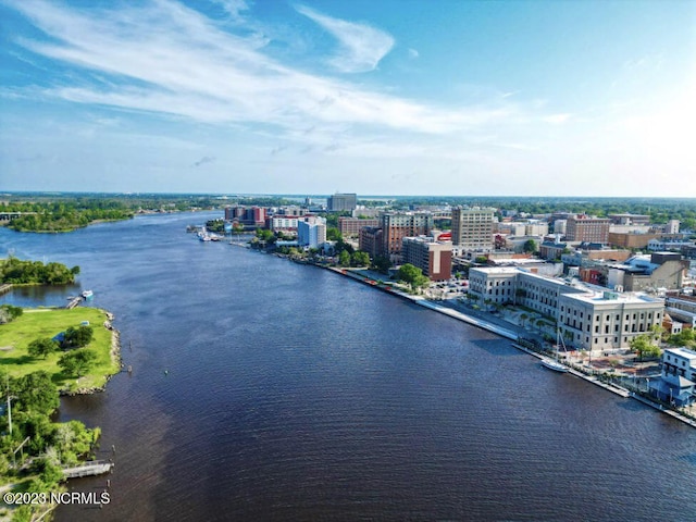 aerial view with a view of city and a water view