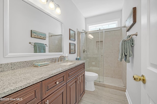 full bathroom with toilet, a shower stall, and vanity