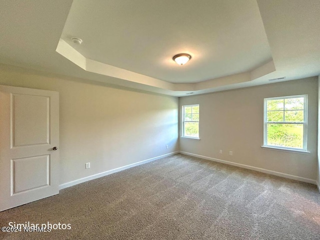 unfurnished room with carpet floors, a raised ceiling, visible vents, and baseboards