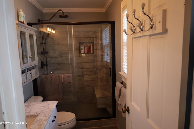 1426 Pocosin Rd, Winterville, NC 28590 - full bathroom with a stall shower, a notable chandelier, toilet, and crown molding