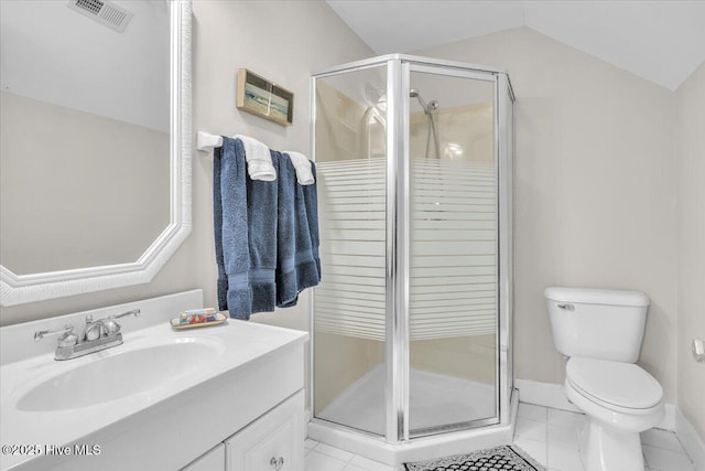 full bathroom featuring lofted ceiling, visible vents, toilet, a stall shower, and vanity