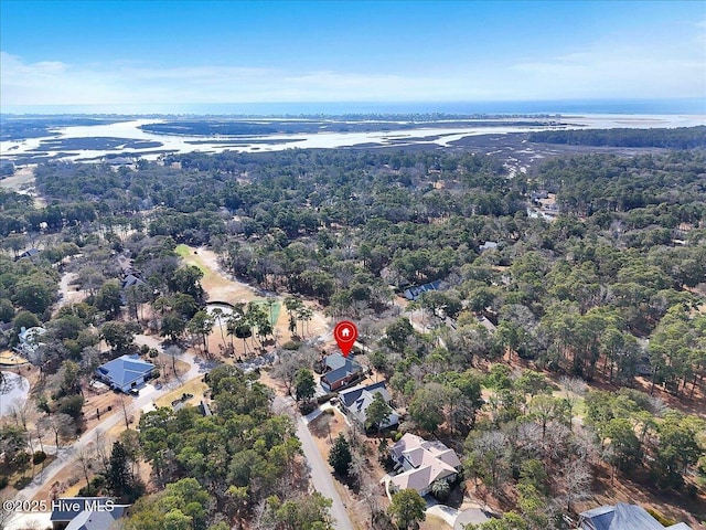 bird's eye view featuring a water view and a wooded view