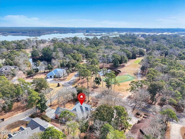 aerial view featuring a water view and a view of trees