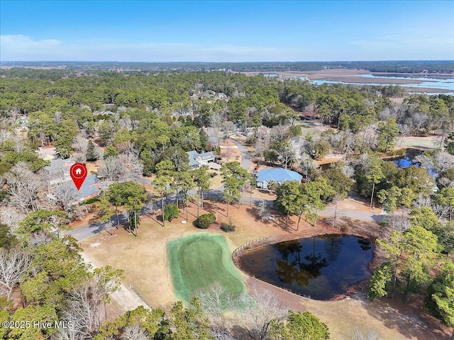 aerial view with a water view and a view of trees