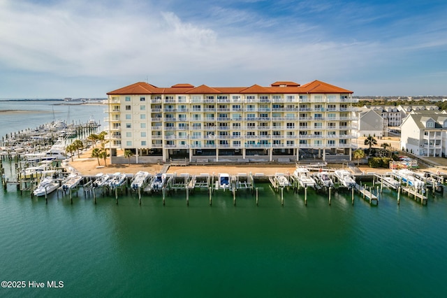 exterior space with a water view