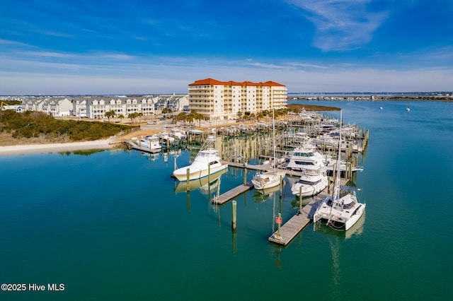 bird's eye view with a water view