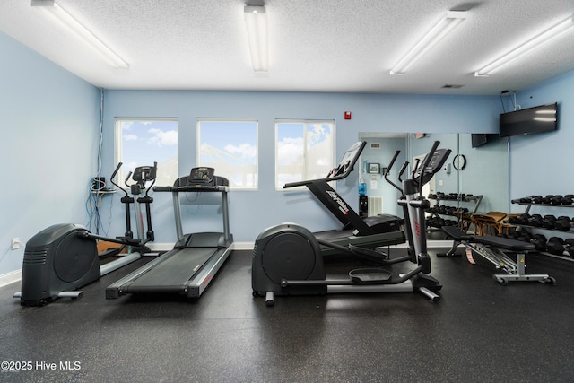 workout area featuring a wealth of natural light, baseboards, and a textured ceiling