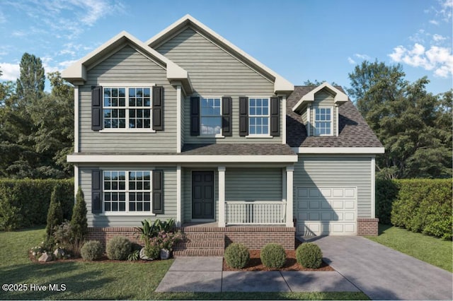 traditional-style house with a porch, a front yard, driveway, and a garage